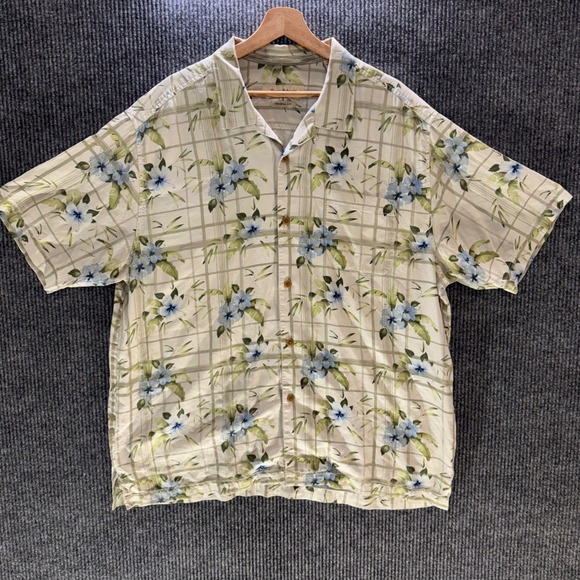 Tommy Bahama Silk Camp Shirt XL Blue Floral Plaid Short Sleeve Button Up Aloha - Picture 2 of 7